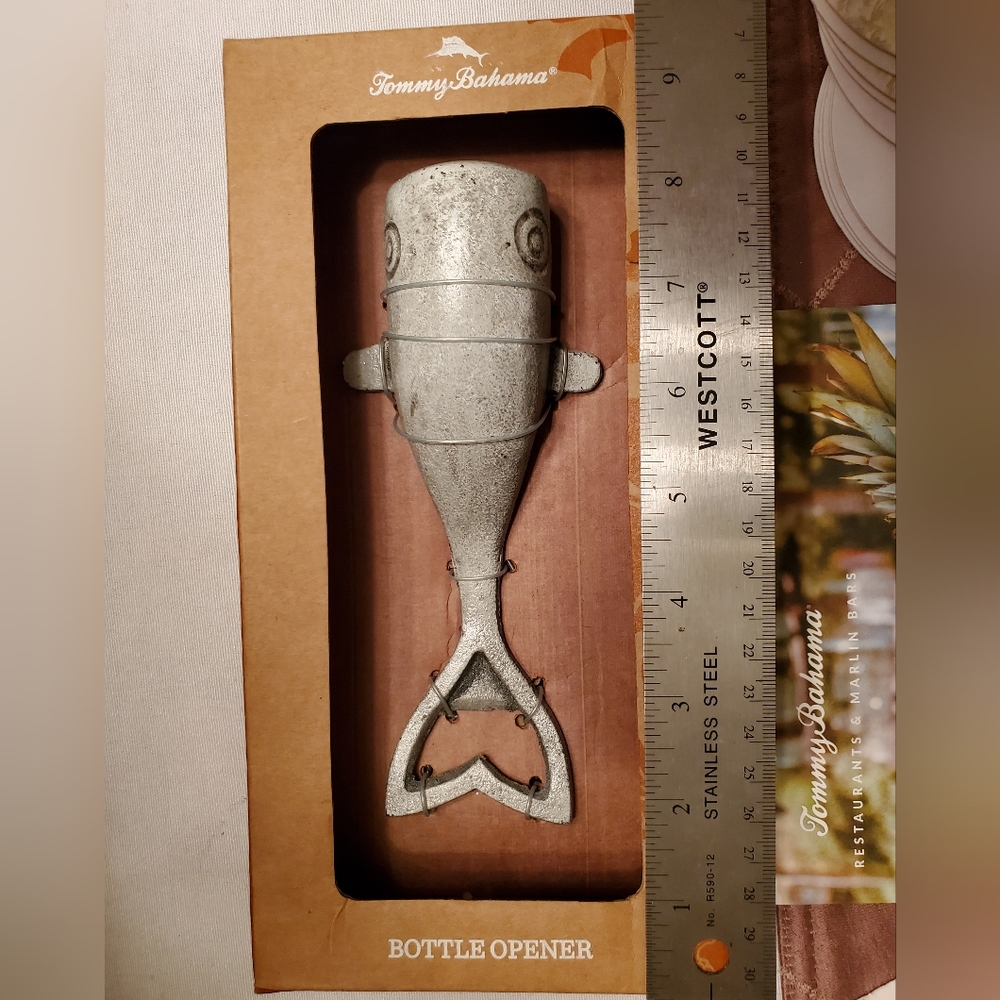 Tommy Bahama solid metal whale bottle opener, coasters, postcards and clips